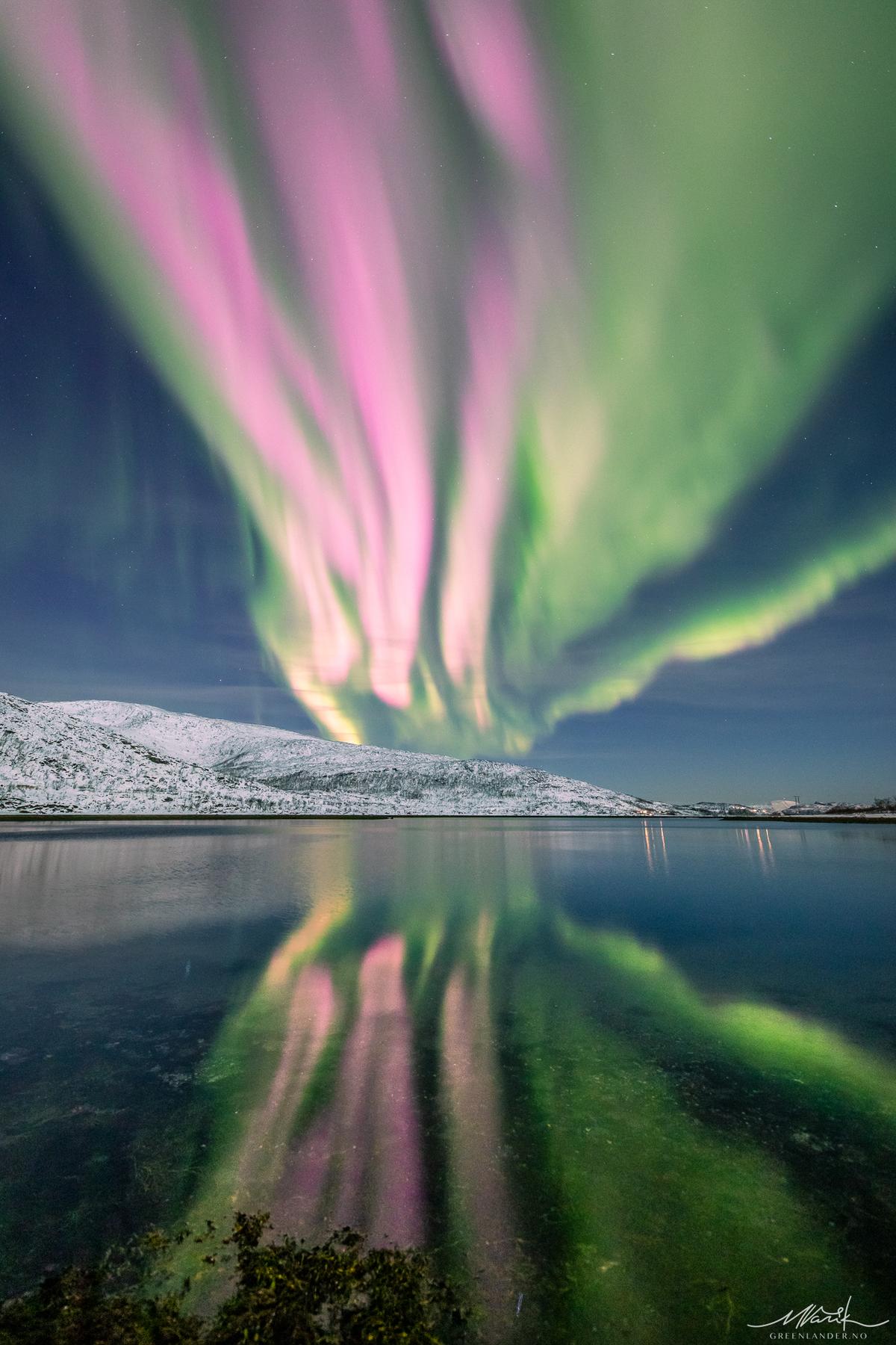 A pink and green aurora borealis appears reflected on water and in the skies overhead on Dec. 10, 2022. (Courtesy of <a href="https://www.facebook.com/greenlandertromso">Markus Varik</a>)