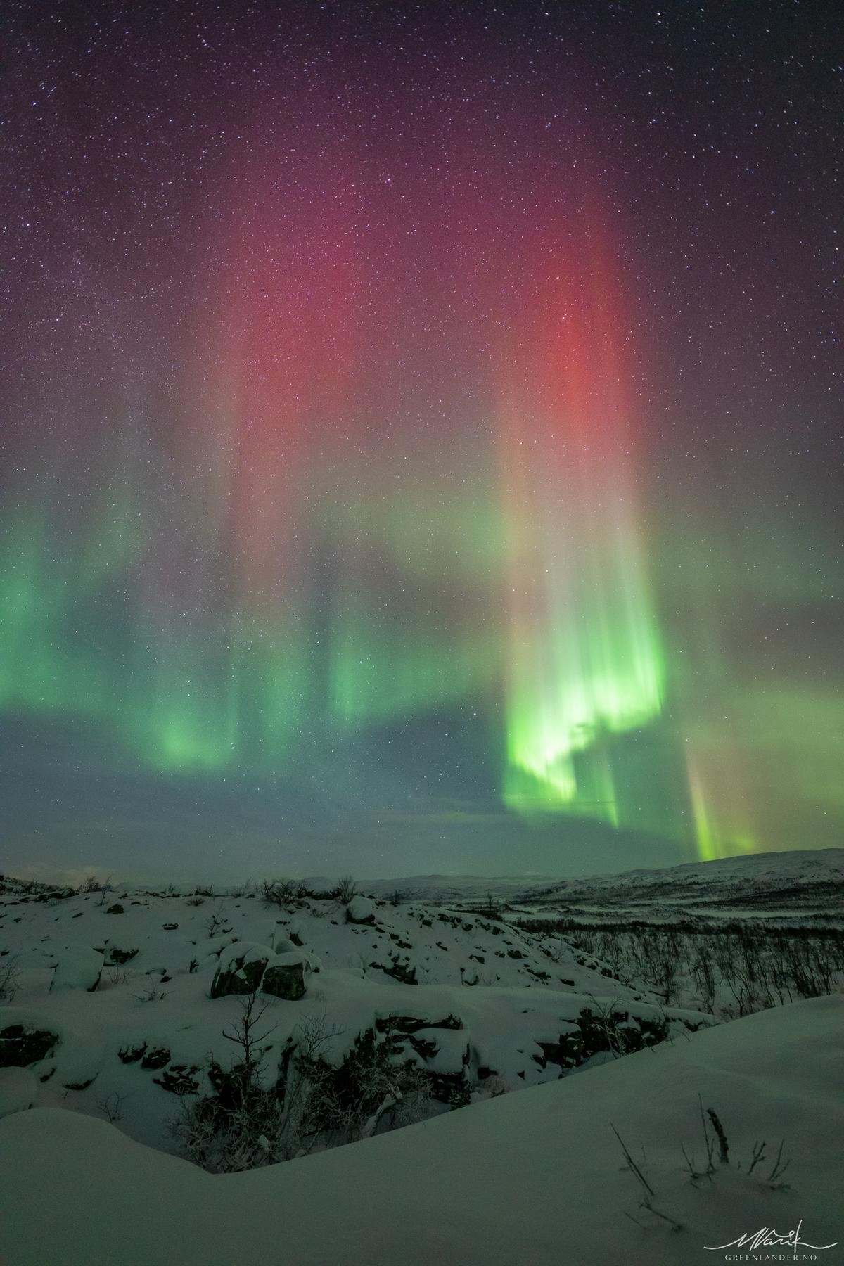 A recent orange-tinged aurora borealis captured by Markus Varik on Jan. 14, 2023. (Courtesy of <a href="https://www.facebook.com/greenlandertromso">Markus Varik</a>)
