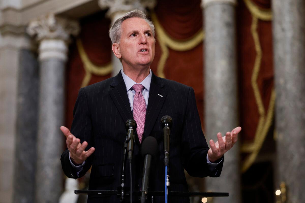 Speaker Kevin McCarthy (R-CA) speaks at a news conference in Statuary Hall of the U.S. Capitol Building on January 12, 2023. (Anna Moneymaker/Getty Images)