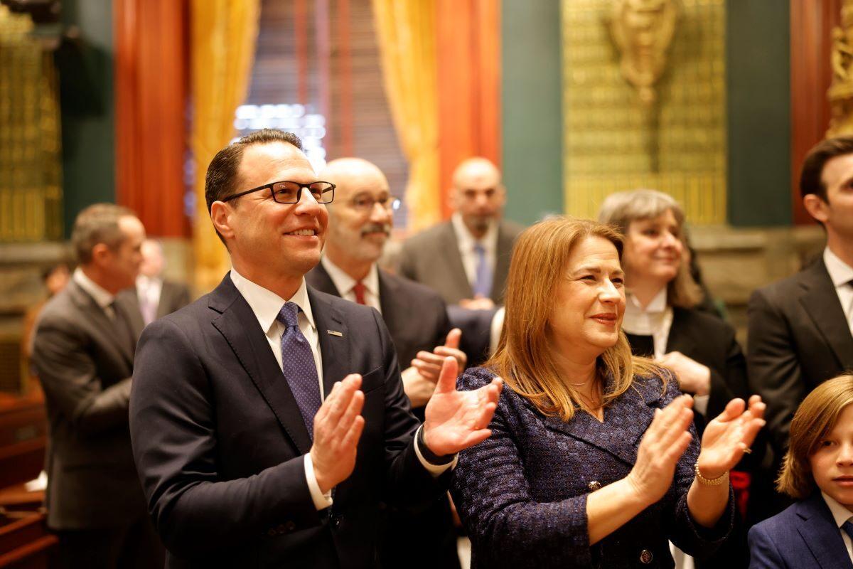 Gov. Josh Shapiro and his wife, Lori Shapiro, on Inauguration Day at the Pennsylvania Capitol in Harrisburg, Pa., on Jan. 17, 2023. (Courtesy of Commonwealth Media Services)