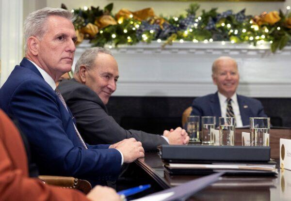House Minority Leader Kevin McCarthy attends a meeting with President Joe Biden (R) and other Congressional Leaders to discuss legislative priorities through the end of 2022, at the White House in Washington on Nov. 29, 2022. (Kevin Dietsch/Getty Images)