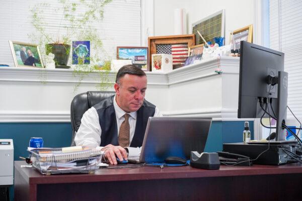 New York State Assemblyman and Minority Whip Karl Brabenec at his district office in Florida, N.Y. on Jan. 12, 2023. (Cara Ding/The Epoch Times)