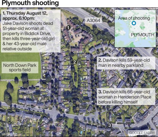 A map showing the places where Jake Davison committed five murders before taking his own life in Keyham, Plymouth, England, on Aug. 12, 2021. (PA)