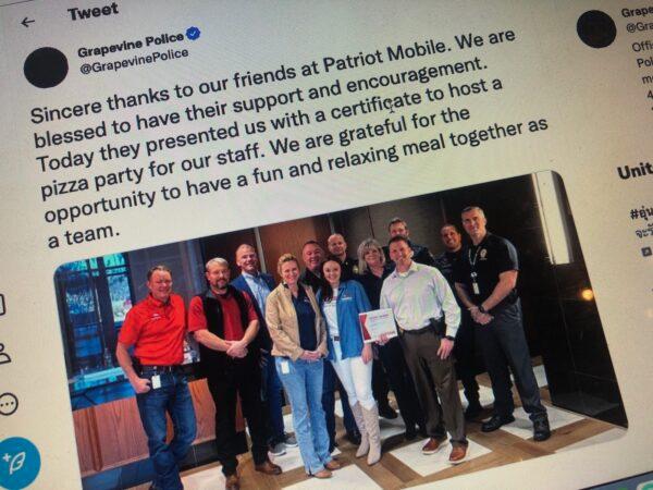 A photo of the Grapevine Police Department’s Twitter post taken on Jan. 17, 2023, where they thank Patriot Mobile for a $1,500 pizza party donation. (The Epoch Times)