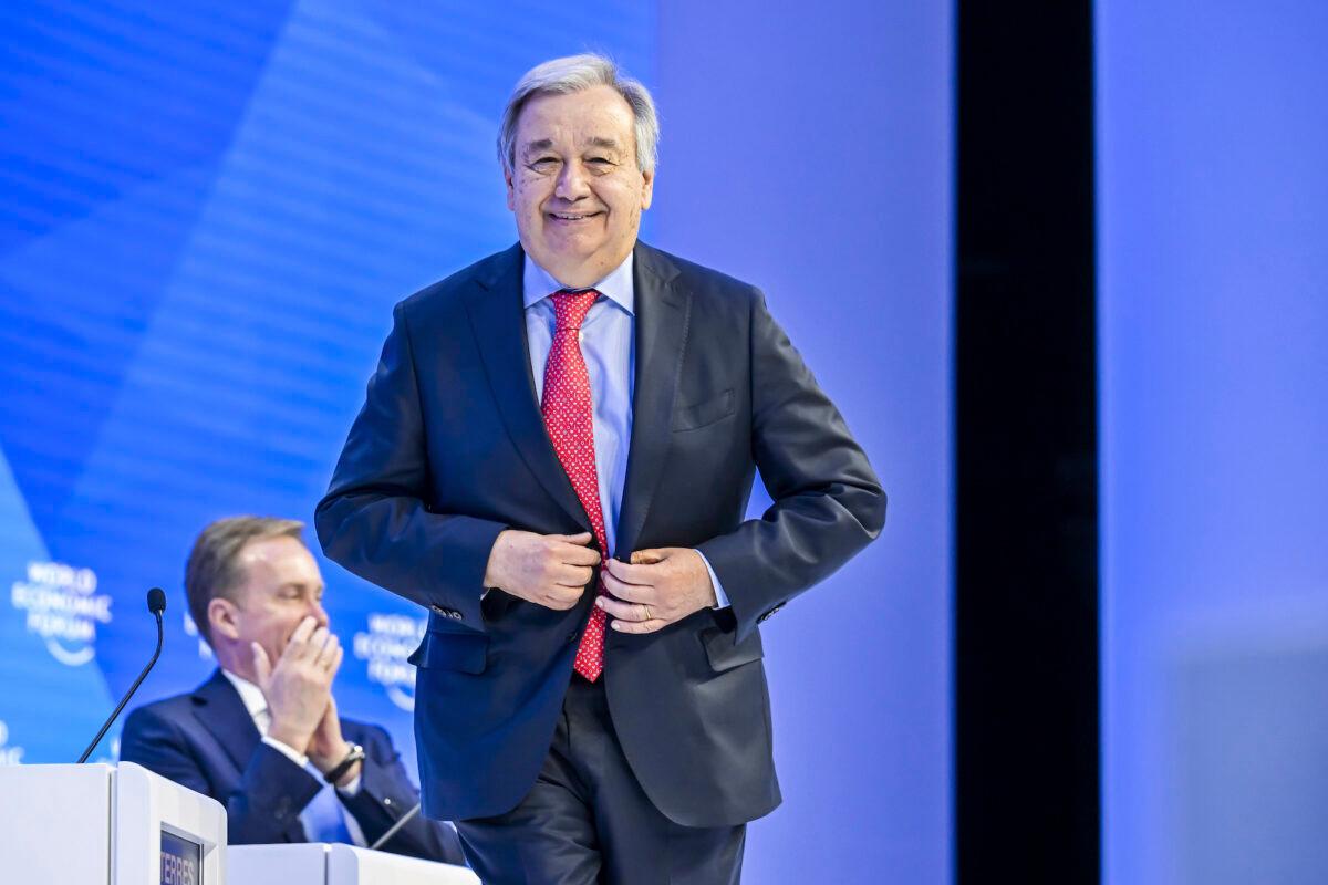 United Nations Secretary-General Antonio Guterres speaks during the 53rd annual meeting of the World Economic Forum, WEF, in Davos, Switzerland, on Jan. 18, 2023. (Gian Ehrenzeller/Keystone via AP)