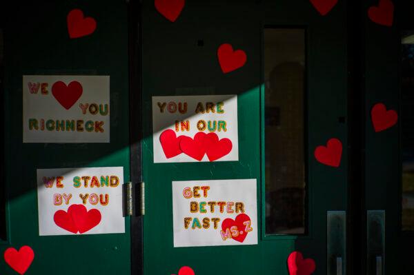 Messages of support for teacher Abby Zwerner, who was shot by a 6-year-old student, grace the front door of Richneck Elementary School in Newport News, Va., on Jan. 9, 2023. (John C. Clark/AP Photo)