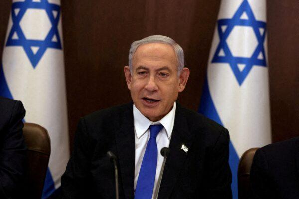 Israeli Prime Minister Benjamin Netanyahu chairs a weekly Cabinet meeting at the Prime Minister's office in Jerusalem on Jan. 15, 2023. (Menahem Kahana/Pool via Reuters)