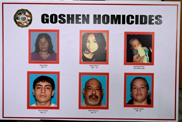 The victims of a shooting in Goshen, Calif., are displayed during a news conference in Visalia, Calif., on Jan. 17, 2023. (Ron Holman/The Times-Delta via AP)