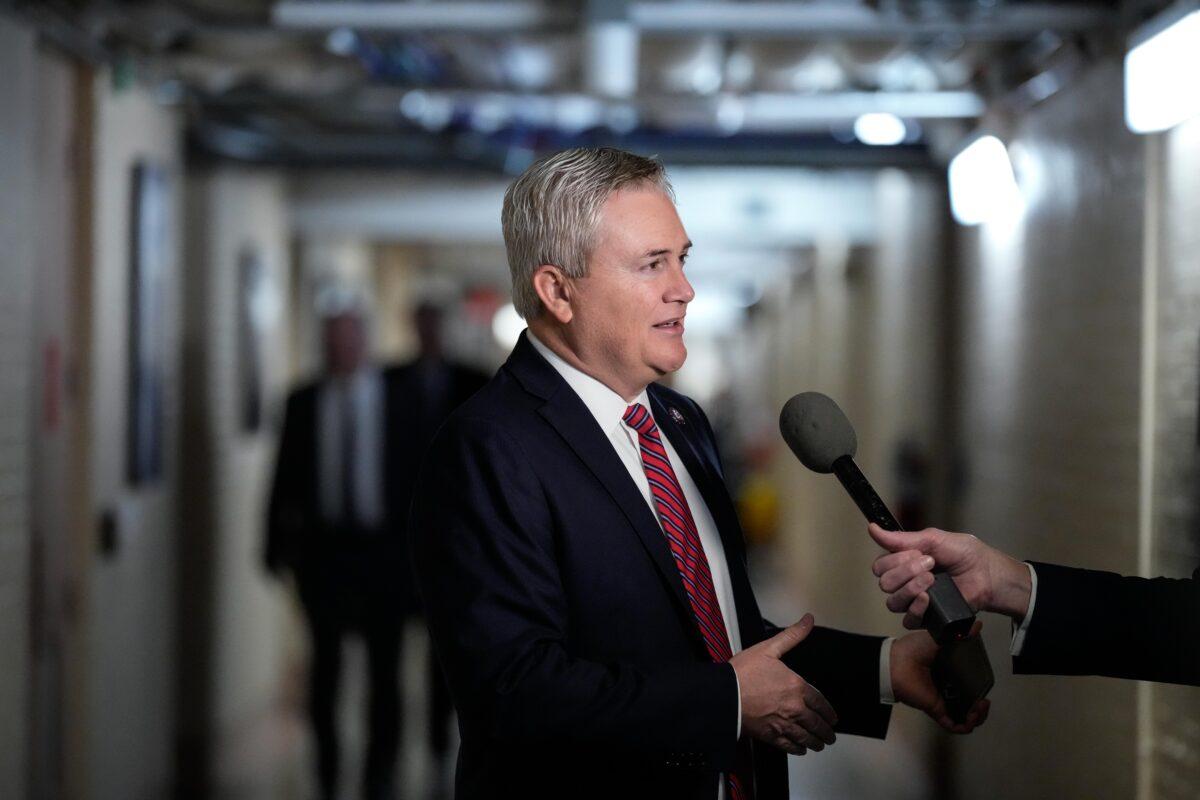 Chairman of the House Oversight Committee Rep. James Comer (R-Ky.) speaks to reporters on his way to a closed-door GOP caucus meeting at the U.S. Capitol in Washington on Jan. 10, 2023. (Drew Angerer/Getty Images)