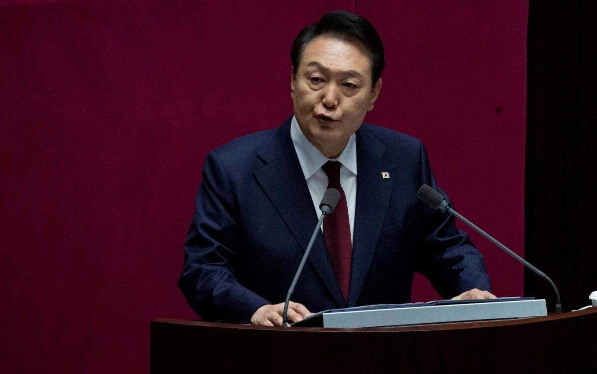 South Korean President Yoon Suk Yeol speaks at the National Assembly in Seoul, South Korea, on Oct. 25, 2022. (Jeon Heon-kyun/Pool/Getty Images)