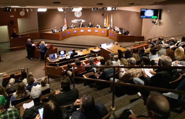 Residents gather for a city council meeting at the Civic Center in Huntington Beach, Calif., on Jan. 17, 2023. (John Fredricks/The Epoch Times)