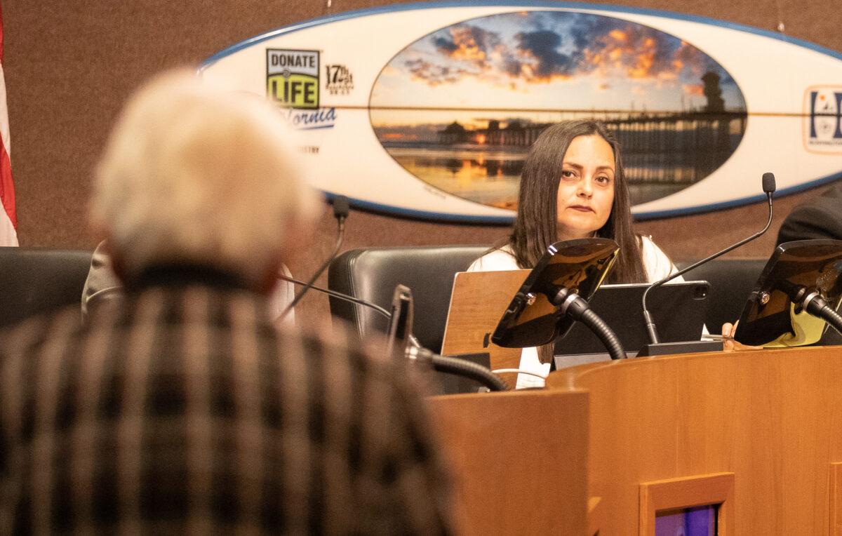 Huntington Beach City Councilwoman Gracey Van Der Mark listens to public comments during a city council meeting at the Civic Center in Huntington Beach, Calif., on Jan. 17, 2023. (John Fredricks/The Epoch Times)