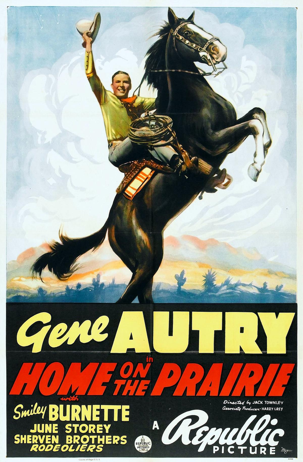 Movie poster for the 1939 film "Home on the Prairie," starring Gene Autry. (Public Domain)