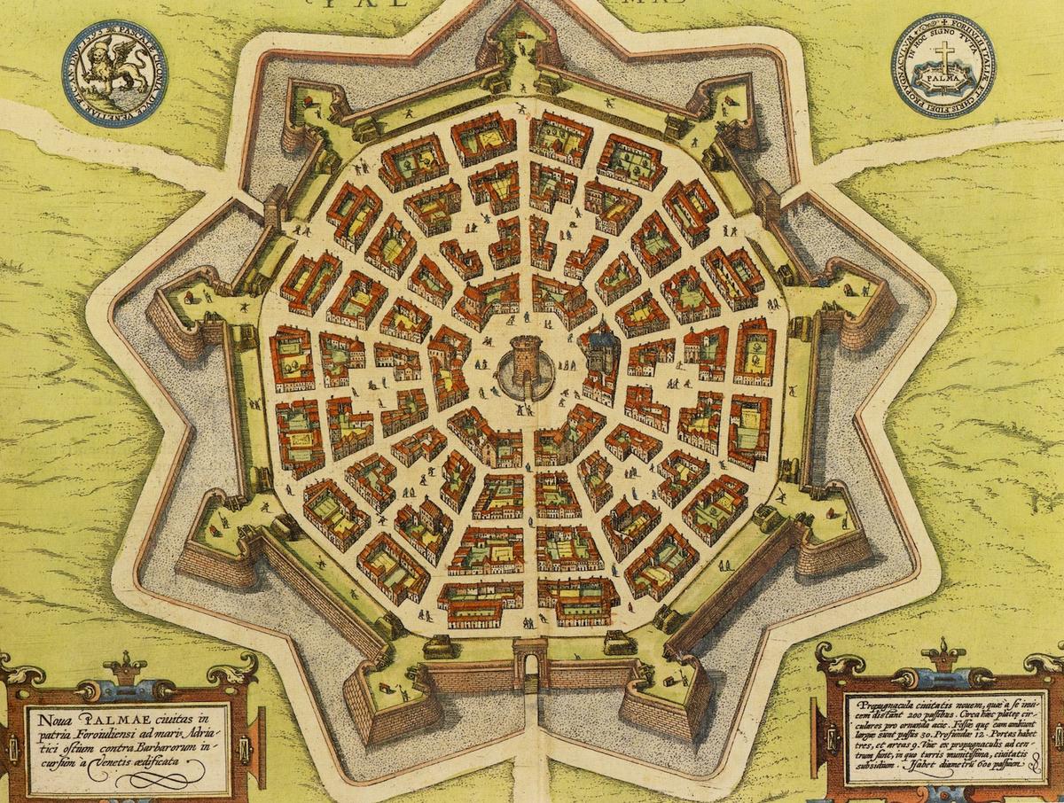Plan of Palmanova, Italy, exemplifying the star fortress architecture of the late Renaissance. (<a href="https://commons.wikimedia.org/wiki/File:Palmanova1600.jpg">Public Domain</a>)