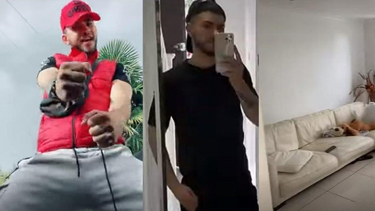 Undated stills from a TikTok video showing Mohamed El-Abboud (L and C) and the sofa of the house in Barnet, north London, where Louise Kam was murdered on July 26, 2021. (Crown Prosecution Service)