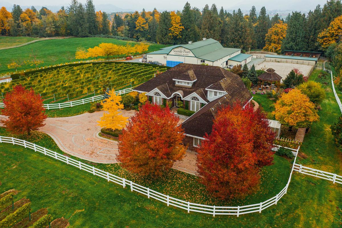 The estate includes the residence at the end of the private drive, with surrounding vineyards, a winery, and extensive equestrian facilities. (Courtesy of Sotheby’s International Realty Canada)