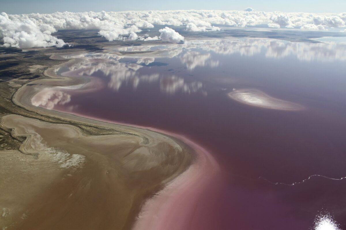 A supplied undated image obtained March 21, 2012, of the colours that emerge when salt and fresh water interact in Lake Eyre in central Australia. (AAP Image/Richard Kingsford)