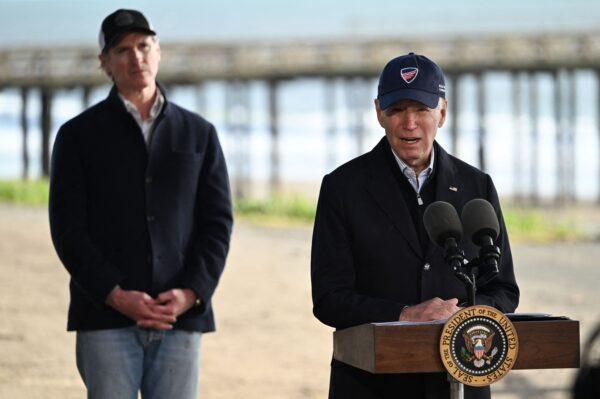 President Joe Biden speaks as California Gov. Gavin Newsom looks on in Seacliff, Calif., on Jan. 19, 2023. (Andrew Caballero-Reynolds/AFP via Getty Images)