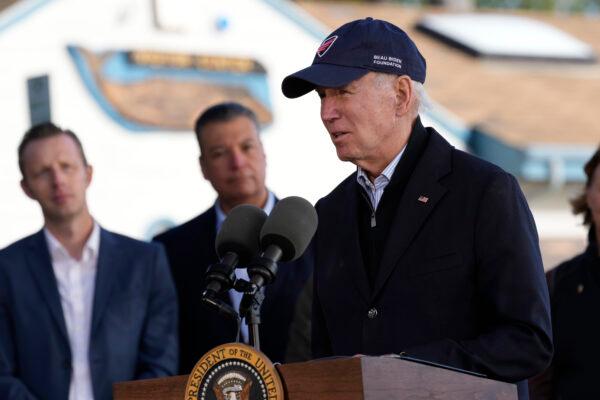 President Joe Biden speaks at Seacliff State Park in Aptos, Calif., on Jan 19, 2023, after seeing storm damage caused by the recent storms. (Susan Walsh/AP Photo)