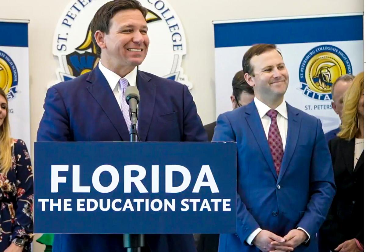 Florida Gov. Ron DeSantis takes questions from reporters at a press conference and signing of a new education bill in St. Petersburg, Fla., on March 15, 2022. (Screenshot/The Florida Channel)