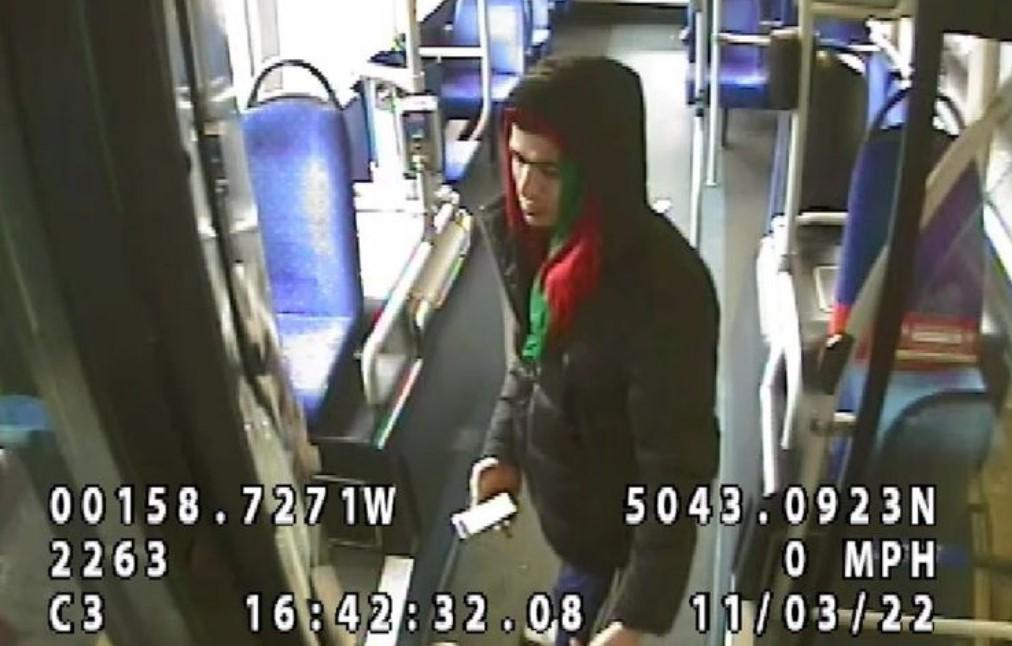 A still from a CCTV video of Lawangeen Abdulrahimzai, who stabbed to death a young man in a Subway restaurant, on a bus in Bournemouth, England, shortly before the murder, on March 11, 2022. (Dorset Police)