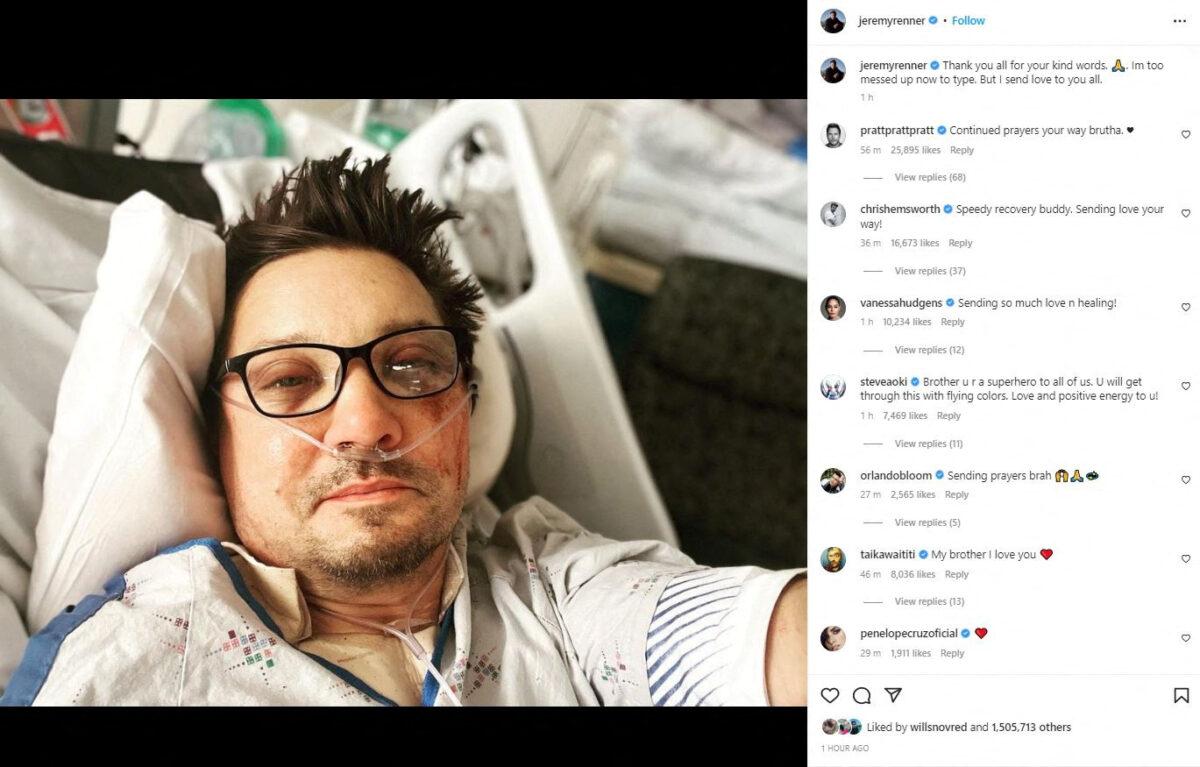 A screen grab shows a selfie of actor Jeremy Renner on a hospital bed, posted on Instagram with a caption reading, "Thank you all for your kind words. I'm too messed up now to type. But I send love to you all" in this picture obtained from social media, on Jan. 3, 2023. (Jeremy Renner via Instagram/via Reuters)