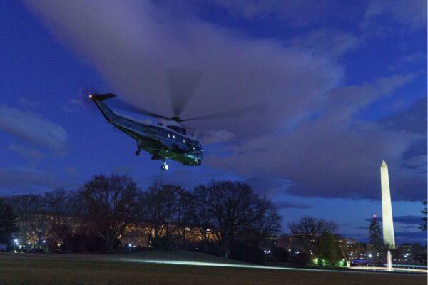 Marine One, carrying U.S. President Joe Biden, takes off from the South Lawn of the White House in Washington on Jan. 20, 2023. Biden is traveling to Rehoboth Beach, Delaware, for the weekend. (Mandel Ngan/AFP via Getty Images)