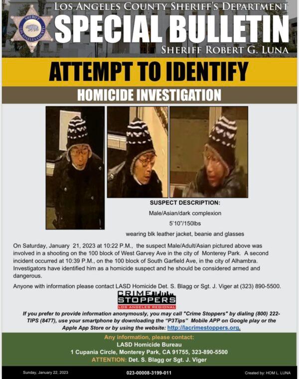 Los Angeles County Sheriff’s Department is looking for a suspect involved in a mass shooting that killed 10 people in Monterey Park, Calif., on Jan. 21, 2023. (Courtesy of Los Angeles County Sheriff’s Department)