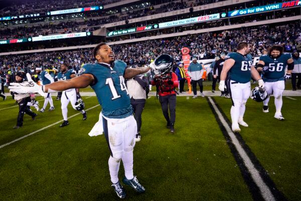 Philadelphia Eagles running back Kenneth Gainwell reacts following an NFL divisional round playoff football game against the New York Giants in Philadelphia on Jan. 21, 2023. (Matt Slocum/AP Photo)