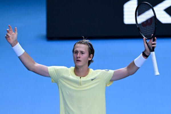 USA's Sebastian Korda reacts after winning against Poland's Hubert Hurkacz during their men's singles match on day seven of the Australian Open tennis tournament in Melbourne on January 22, 2023. (Manan Vatsyayana/AFP via Getty Images)