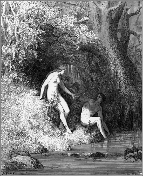 “The savory pulp they chew, and in the rind,/ Still as they thirsted, scoop the brimming stream (IV. 335, 336), 1866, by Gustav Doré for John Milton’s “Paradise Lost.” Engraving. (Public Domain)