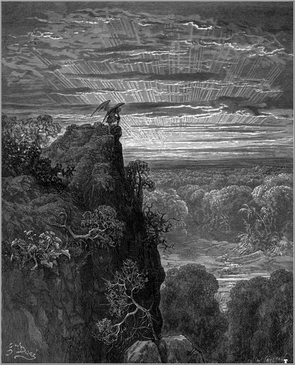 “Now to the ascent of that steep savage hill/ Satan hath journey’d on, pensive and slow,” (IV. 172, 173), 1866, by Gustav Doré for John Milton’s “Paradise Lost.” Engraving. (Public Domain).