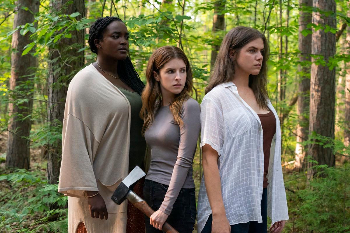 Sophie (Wunmi Mosaku), Alice (Anna Kendrick), and Tess (Kaniehtiio Horn) confronting Alice's stalker boyfriend, with an axe, in "Alice, Darling." (Lionsgate)