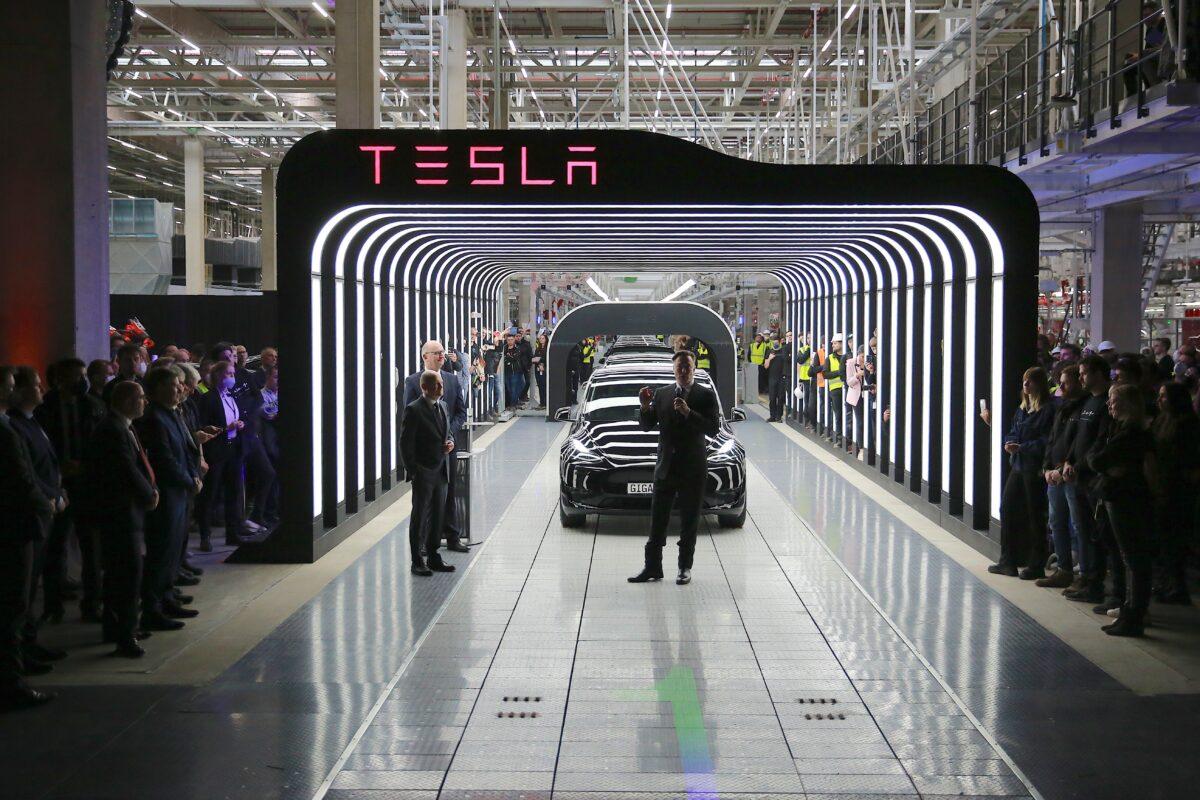Tesla CEO Elon Musk speaks during the official opening of the new Tesla electric car manufacturing plant near Gruenheide, Germany on March 22, 2022. (Christian Marquardt/Pool/Getty Images)