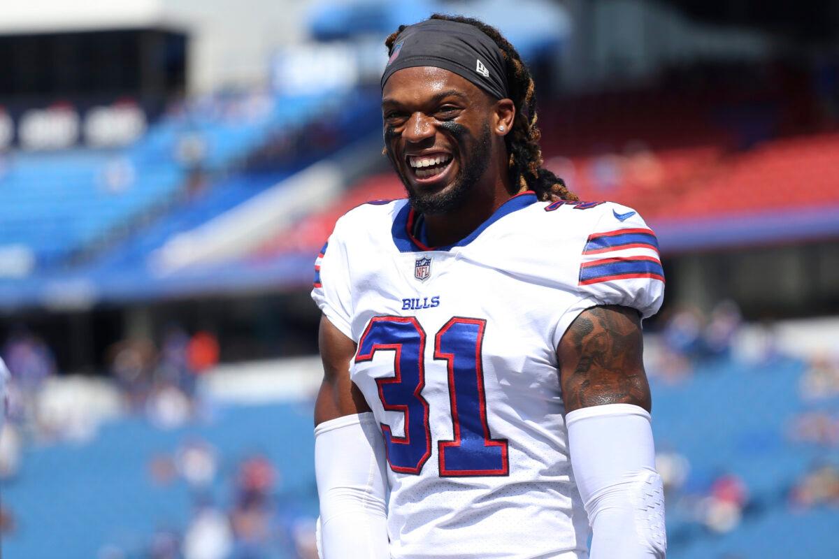 Buffalo Bills safety Damar Hamlin smiles prior to the start of the first half of a preseason NFL football game in Orchard Park, N.Y., on Aug. 28, 2021. (Joshua Bessex/AP Photo)