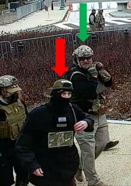 In an image from video, David Moerschel, with a red arrow pointing to him, stands outside the U.S. Capitol. Kelly Meggs, another Oath Keeper member, is under the green arrow. (DOJ via The Epoch Times)