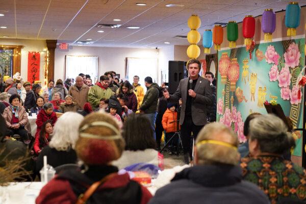 New York state Sen. James Skoufis spoke during the Chinese New Year celebration at the Erie Trackside Manor in Port Jervis, N.Y., on Jan. 22, 2023. (Cara Ding/The Epoch Times)