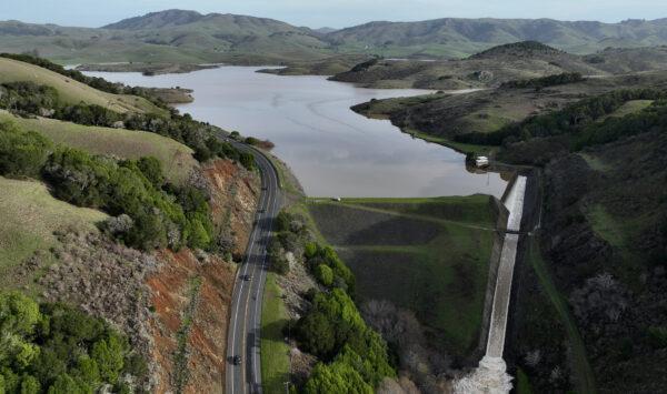 In an aerial view, the Nicasio Reservoir is seen after a series of atmospheric river events drenched Northern California in Nicasio, Calif., on Jan. 12, 2023. (Justin Sullivan/Getty Images)