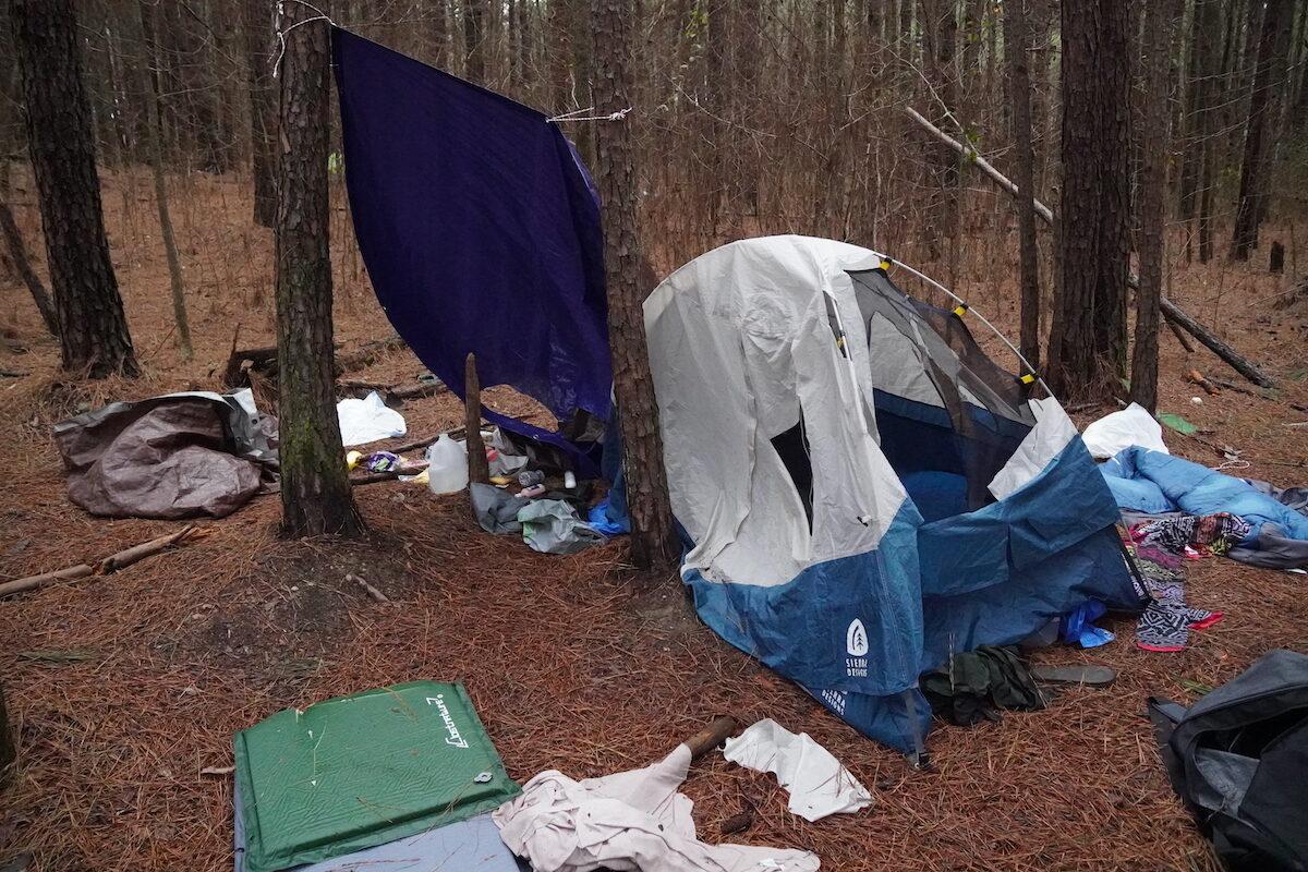 A damaged tent is left behind at the Atlanta Forest activist camp near Atlanta, Ga., on Jan. 23, 2023. (Jackson Elliott/The Epoch Times)