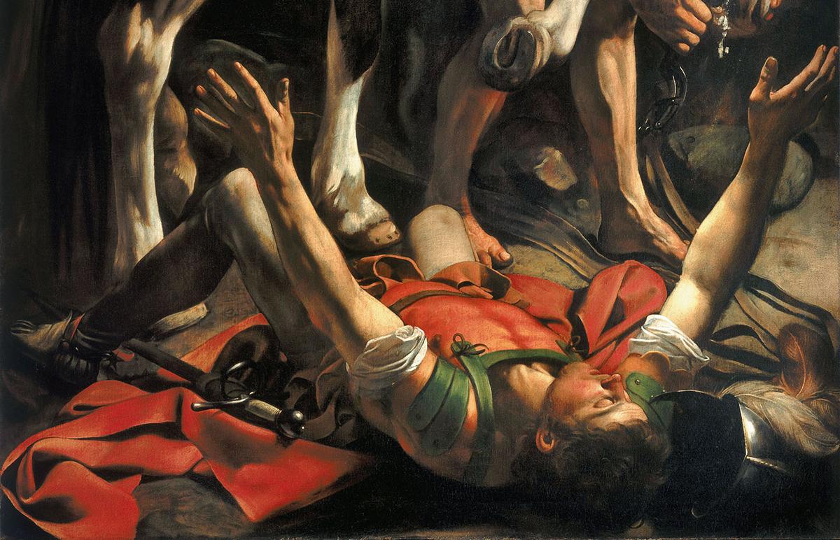 The divine presence of Christ is implied through the radiance that bathes the face of Saul. Detail of "Conversion on the Way to Damascus," circa 1600–1601, by Caravaggio. Santa Maria del Popolo, Rome. (Public Domain)