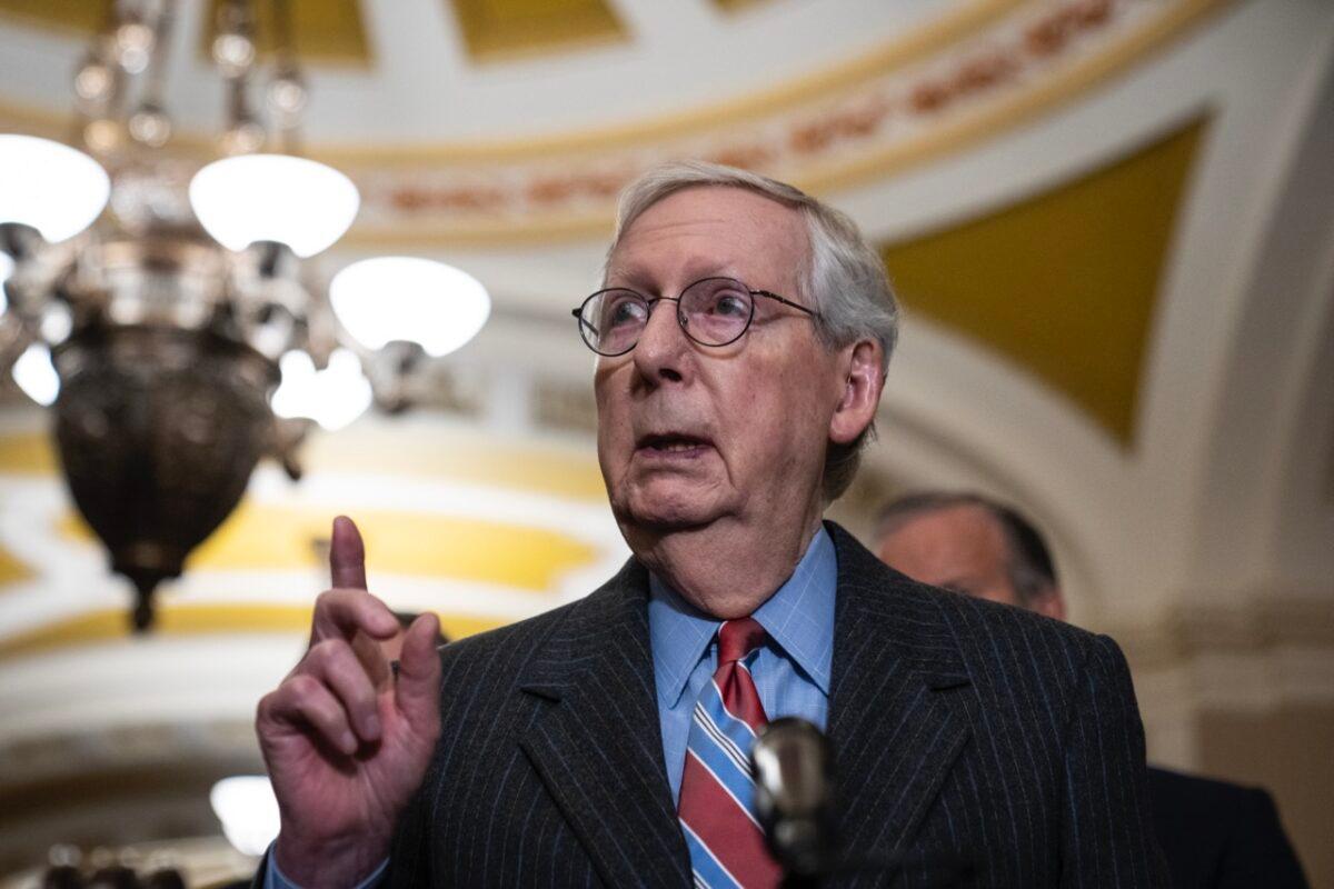 Senate Minority Leader Mitch McConnell (R-Ky.) speaks during a news conference following a closed-door lunch meeting with Senate Republicans at the U.S. Capitol in Washington, on Jan. 24, 2023. (Drew Angerer/Getty Images)