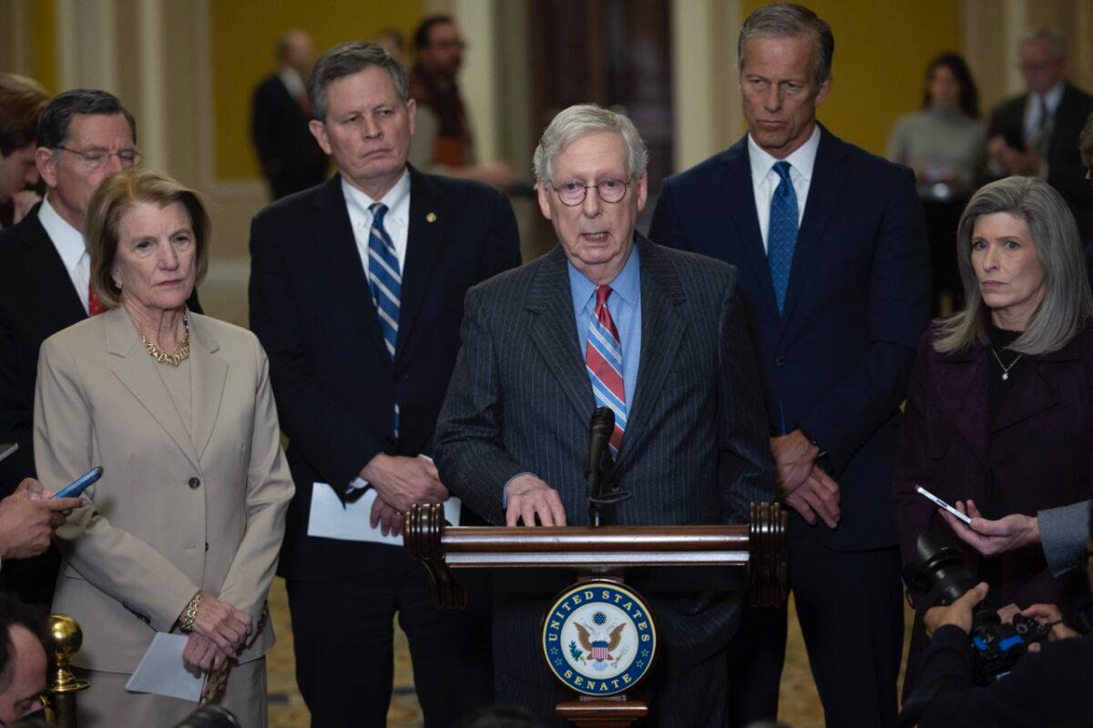 Senate Minority Leader Mitch McConnell (R-Ky.) speaks during a press conference at the U.S. Capitol. McConnell addressed a range of issues including the looming debt limit problem during his remarks, on Jan. 24, 2023. (Win McNamee/Getty Images)