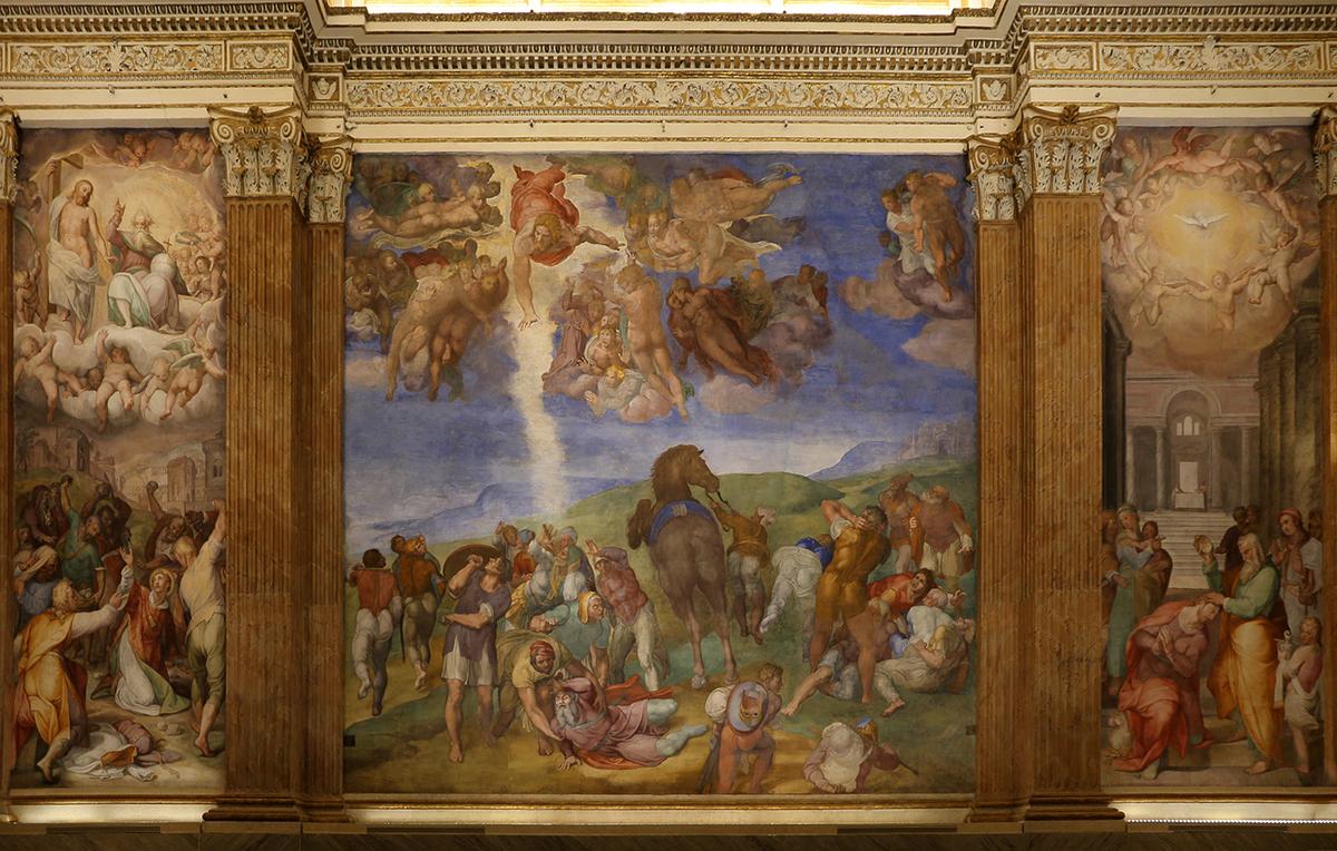 (Center panel) "The Conversion of Saul," circa 1542–1545, by Michelangelo. Pauline Chapel, Vatican Palace, in Vatican City. <a href="https://commons.wikimedia.org/wiki/File:Michelangelo,_conversione_di_saulo,_1542-45,_01.jpg">(Sailko</a>/<a href="https://creativecommons.org/licenses/by/3.0/">CC-BY-3.0</a>)