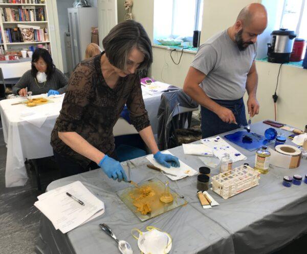 Artists making their own paints in a Natural Pigments workshop. George O'Hanlon and Tatiana Zaytseva encourage artists to keep their paint formulas simple to truly understand how each element interacts with another. (Courtesy of Natural Pigments)