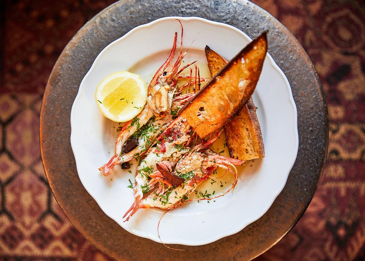 Spot prawns at Callie, where local seafood and vegetables shine in what Swikard calls his “light, bright, clean” California-Mediterranean cuisine. (Lucianna McIntosh)