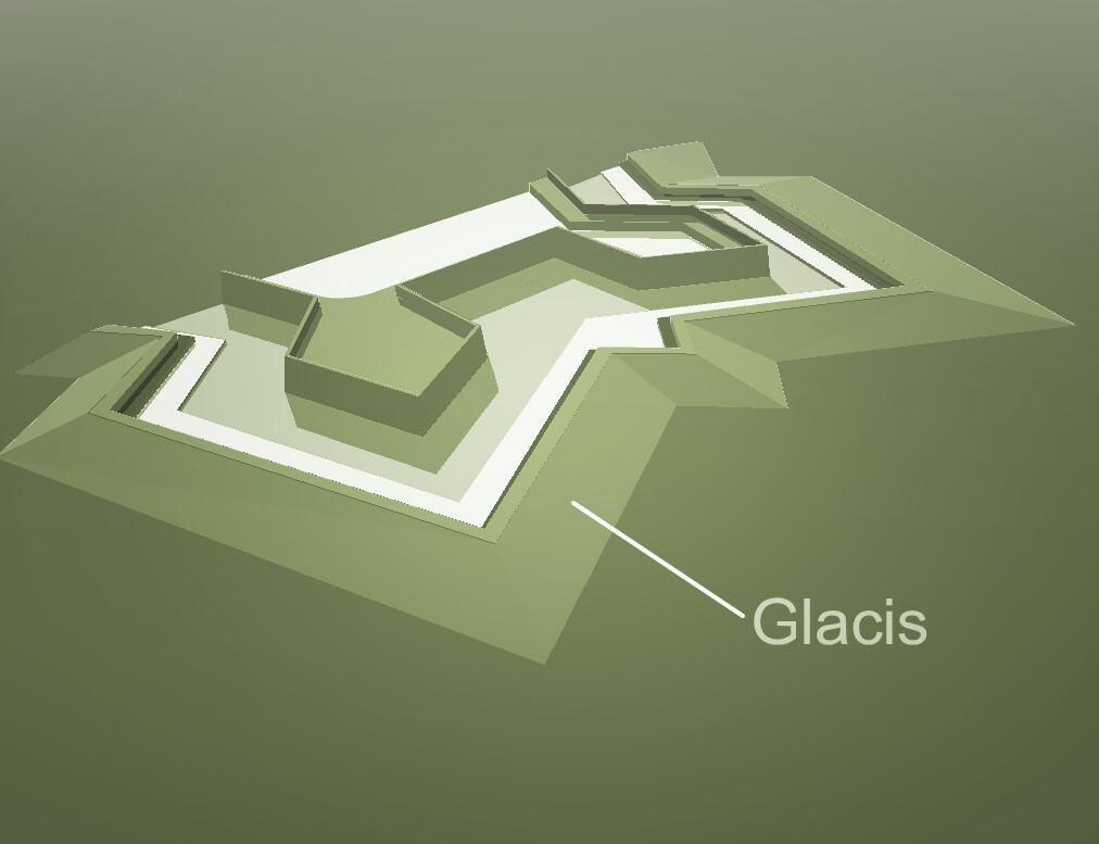 Illustration of a glacis. (<a href="https://commons.wikimedia.org/wiki/File:Glacis.png">Public Domain</a>)