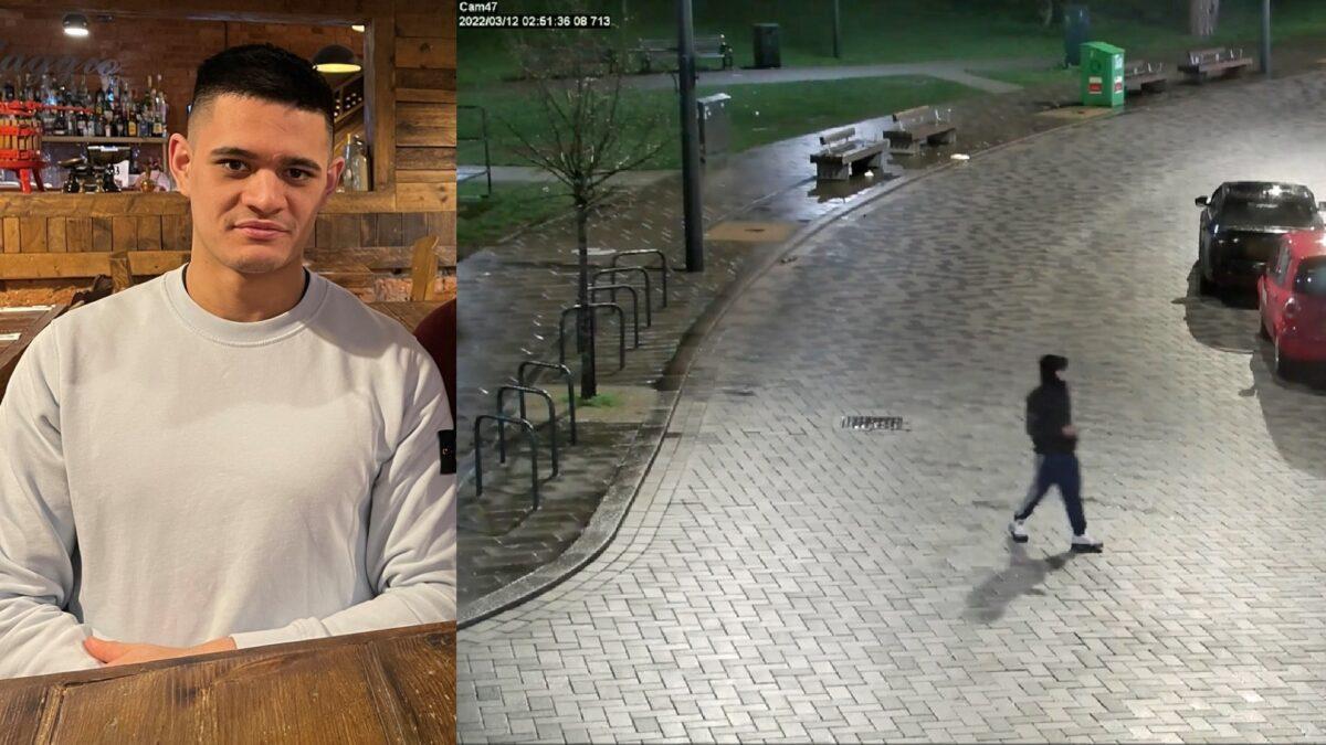 An undated image of Thomas Roberts (L) who was stabbed to death by Lawangeen Rahimzai, who is shown on CCTV footage on the night of the murder as he walked through Bournemouth, England, on March 12, 2022. (Roberts family/Dorset Police)