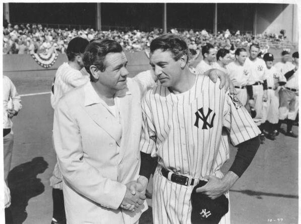 Babe Ruth (L) plays himself with Lou Gehrig (Gary Cooper), in "Pride of the Yankees." (Movie<br/>StillsDB)
