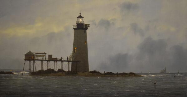 Self-taught oil painter William R. Davis delights in re-creating 18th- to early 19th-century maritime views. Currently, he's focusing on painting historic lighthouses around the country, such as this painting of Portland, Maine's Ram Island Ledge Lighthouse at low tide, which he painted as it appeared shortly after its construction in 1905. Having always had an interest in history, Davis accurately shows the lighthouses as they once were, and sometimes he makes visual records of lighthouses that have long been destroyed. Best Marine Themed Work and honorable mention in the Landscape category: “Passing Showers, Rams Ledge Light, Portland, Maine,” 2021, by William R. Davis (United States). Oil on panel; 9 inches by 18 inches. (Courtesy of the Art Renewal Center)
