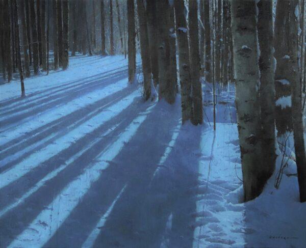 Artist Jake Gaedtke has traveled the country sketching and painting field studies from the coasts to the desert to the mountains. He used these plein-air works to create studio paintings that capture the wonders of the natural world. In "Midnight Shadows," Gaedtke takes us into a snow-covered aspen grove on the Sourdough Trail near Bozeman, Montana, where he walks his dog. He's painted footprints in the snow, the only trace of the day's activity at the end of a busy day. First place in the Landscape category: “Midnight Shadows,” 2021, by Jake Gaedtke (United States). Oil on linen; 26 inches by 32 inches. (Courtesy of the Art Renewal Center)
